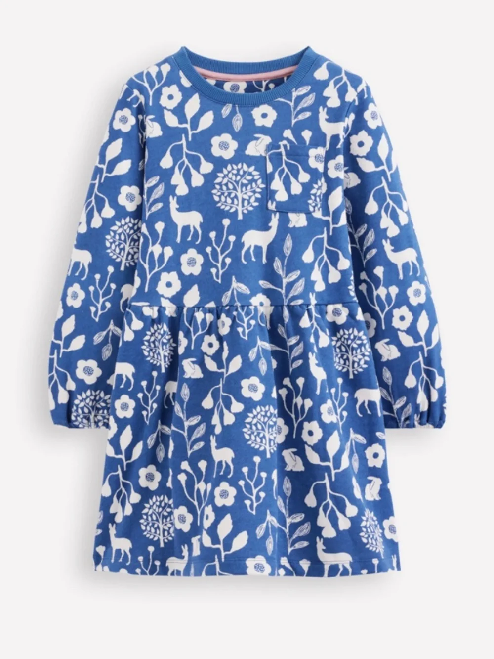 Mini Boden - Blue & White Woodland Floral Minna Sweatshirt Dress, Size 8-9y